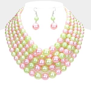 Pink and Green Pearls Statement MultiStrand Layered Bib Necklace Set Two Tone